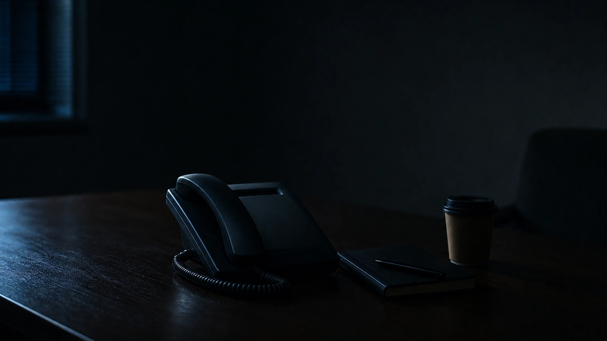 Üres íróasztal alkonyatkor, letett kagylójú telefonnal